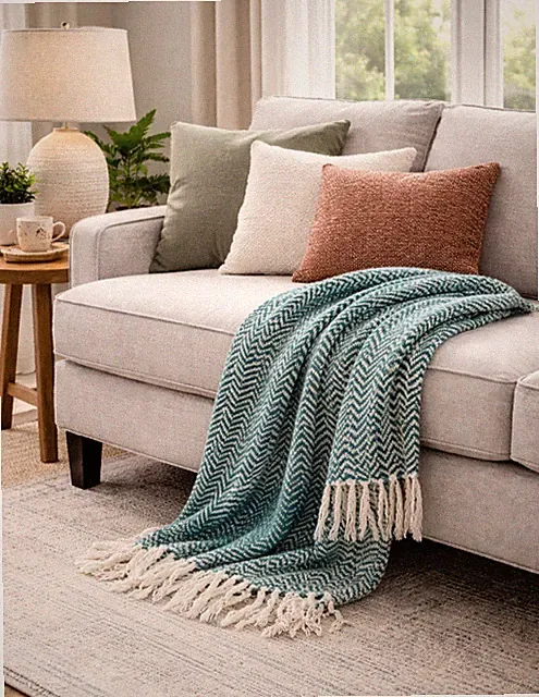 Green White Herringbone Throw Blanket 50 x 66 Wool Blend Fringe Farmhouse GRN-43
