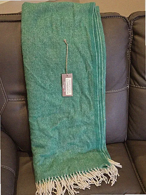 MANIFATTURA LOMBARDA Italian Kelly Green Throw Blanket Knit Wool Blend 51”X 69”
