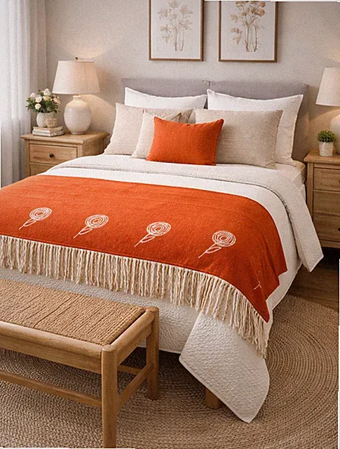 Orange Wool Blend Throw Blanket with Tasseled Fringe – ORG-12