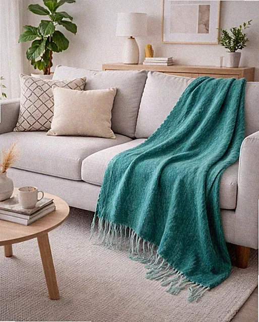 Teal Wool Blend Throw Blanket with Fringe - Oversized Soft Cozy Luxury. GRN-61