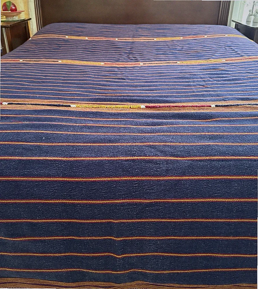 Vintage Hand Woven Wool Blend Queen Coverlet Blanket 90x92 Hand Embroidery Blue
