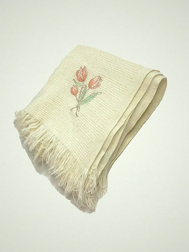 Vintage Wool Blend Blanket 1970s Quilt by Tulips & Ivory Cream Fringe Throw Rare
