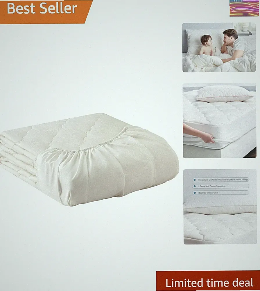 Woolmark Certified Ecru Wool Mattress Protector - 100% Cotton Full Size Cover