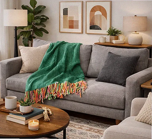 Woven Green Wool Blend Throw Blanket | Multicolor Fringe Tassel 70 x 58 GRN8